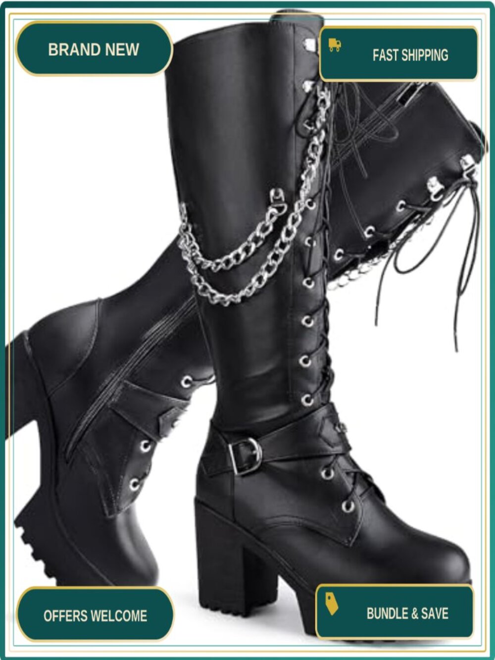 Women Platform Knee High Boots Chunky Heel Lace Up Side Zipper Synthetic